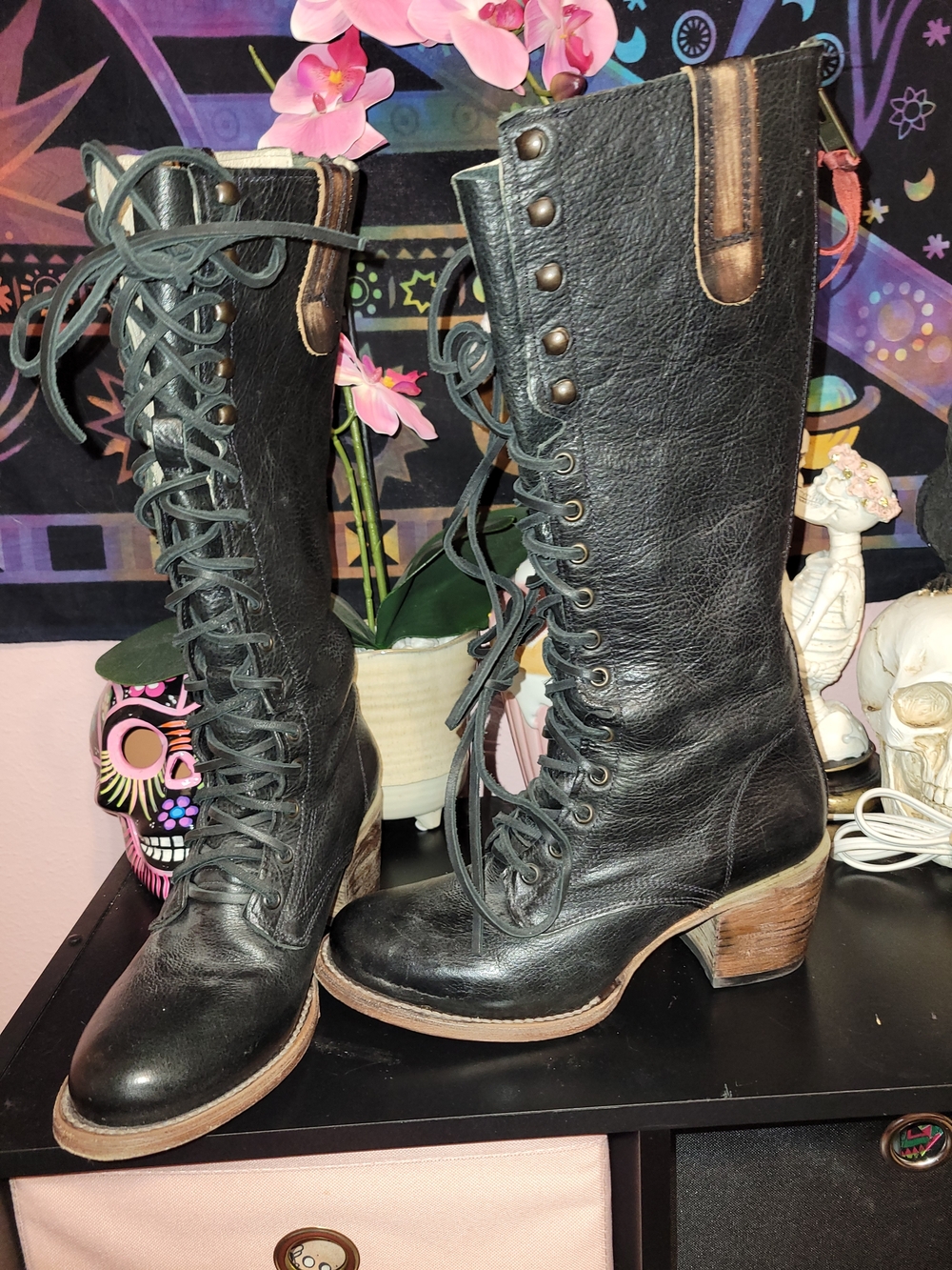 Women’s Freebird Black Lace-Up Mid-Calf Heeled Leather Boots